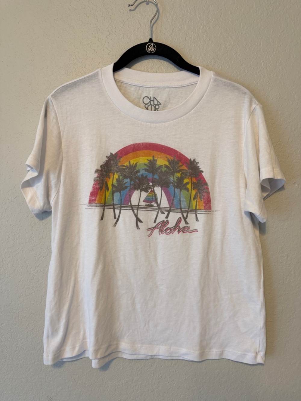 Chaser White Tee with Rainbow Palm Aloha Graphic